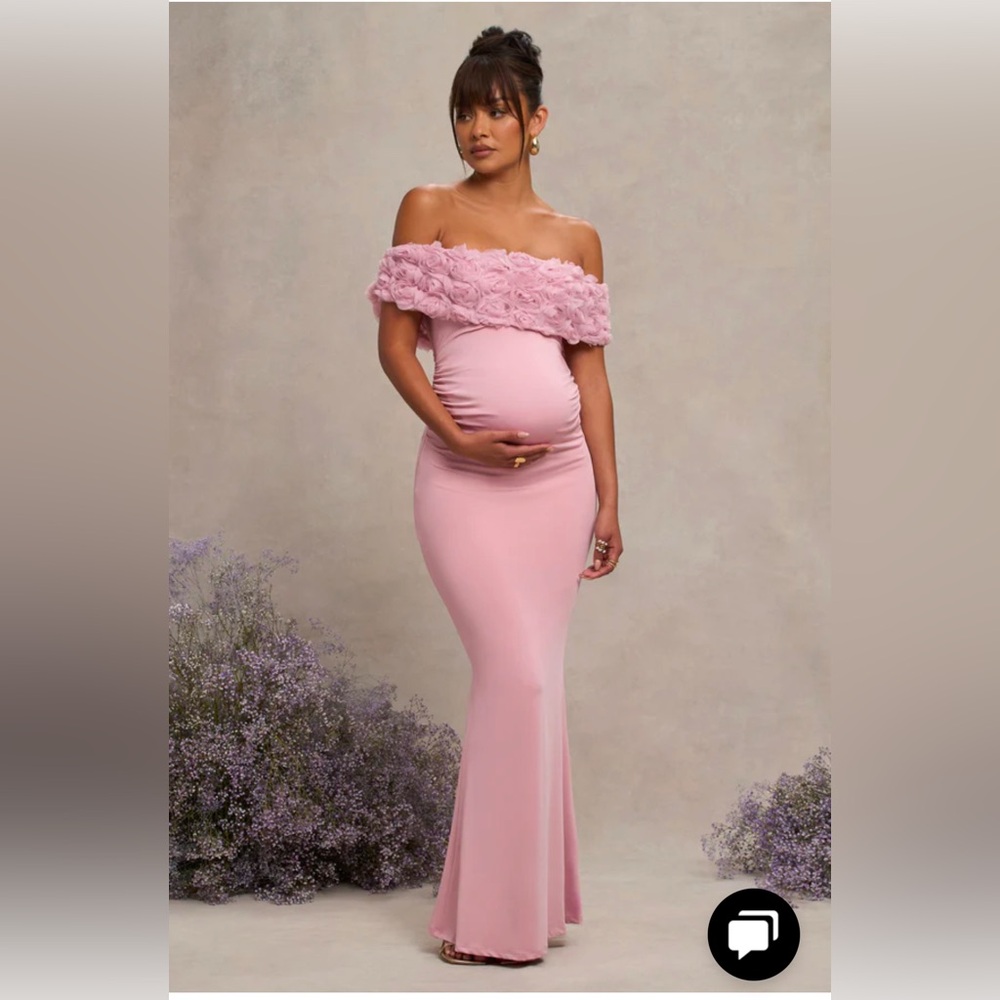 INFLORESCENCE BLUSH PINK MESH FLORAL BARDOT MATERNITY MAXI
DRESS